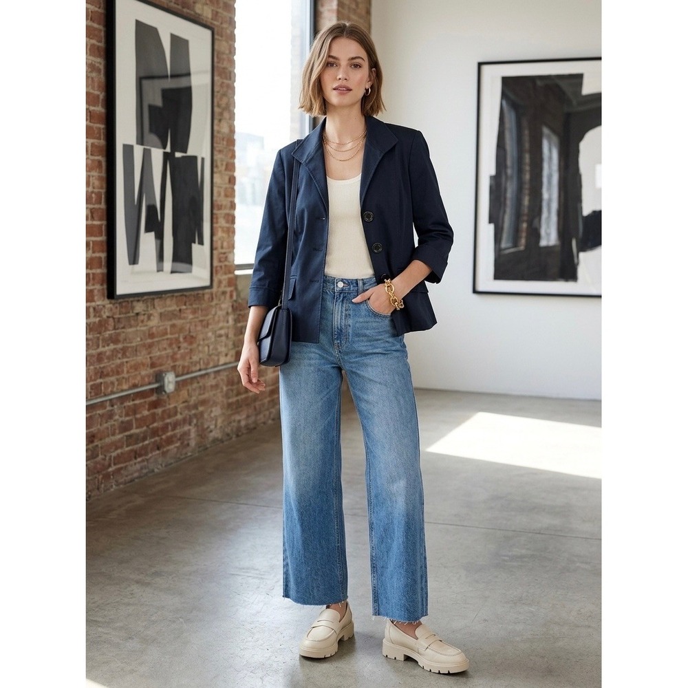 Lafayette 148 New York Navy Blue Cotton Blend 3/4 Sleeve Blazer Jacket Size 8